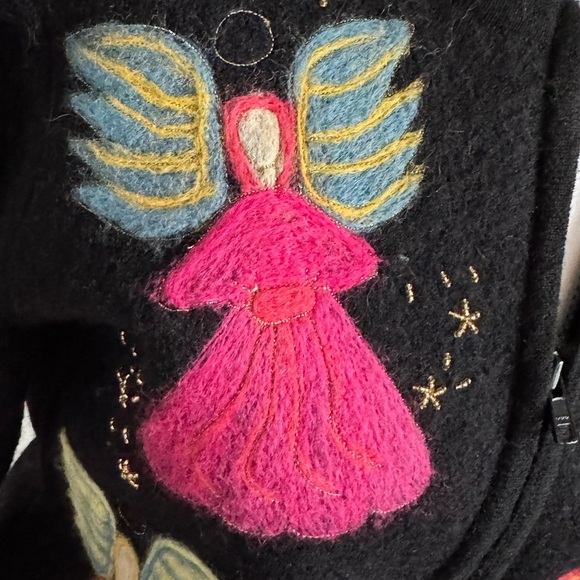 Talbots Vintage Black Cardigan with Colorful Angel Embroidery 100% Wool - Picture 2 of 8